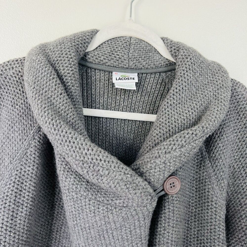 Lacoste Gray Wool Thick Knit Cardigan Sweater Quiet Luxury Preppy Womens 44 XL